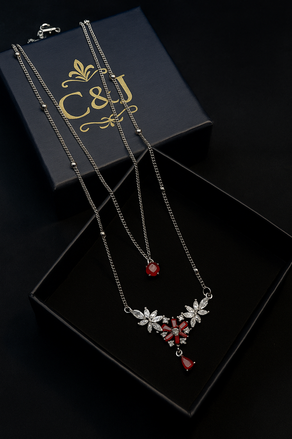Ruby Elegance Dual-Layer Necklace – Sparkling Floral Design