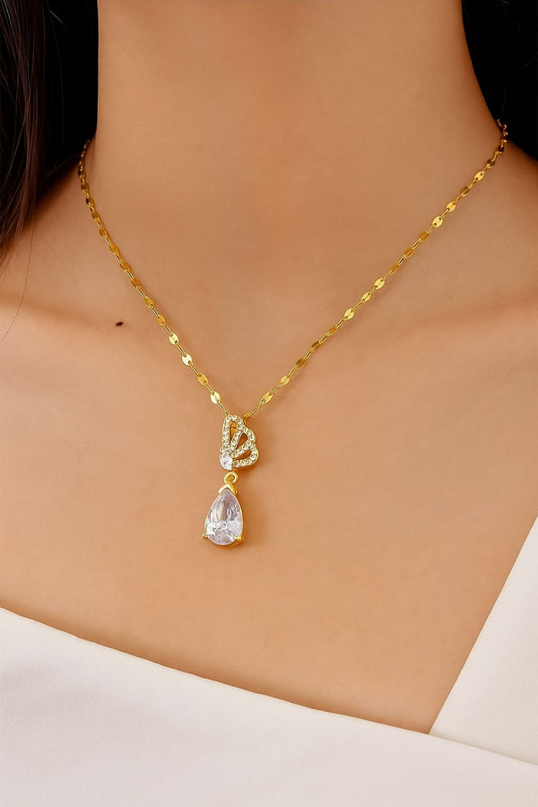Butterfly-Inspired Crystal Teardrop Pendant Necklace — 18K Gold Finish