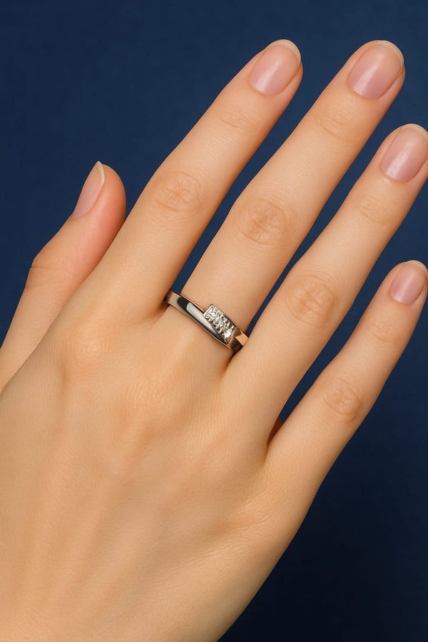 Modern Open Band Silver Ring with Triple Crystal Accents