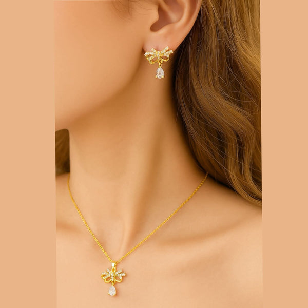 Crystal Bow Jewelry Set – Gold Necklace & Earrings with Teardrop Charm