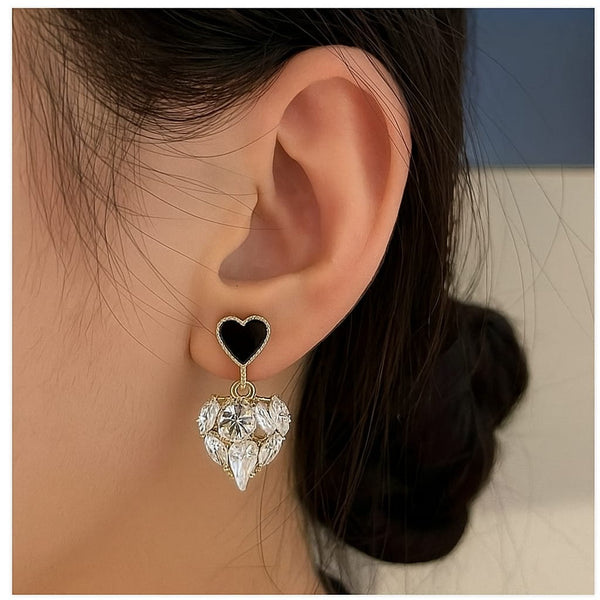 Black Enamel Heart Drop Earrings with Crystal Cluster