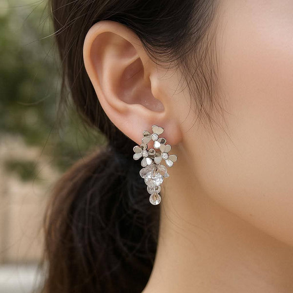Silver Crystal Floral Drop Earrings – Petal Cluster Design
