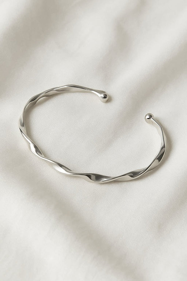 Minimalist Twisted Open Cuff Bracelet – Polished Silver Finish