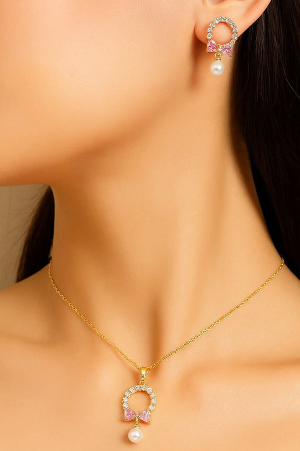 Bow & Pearl Circle Jewelry Set – Gold Plated Necklace & Earrings