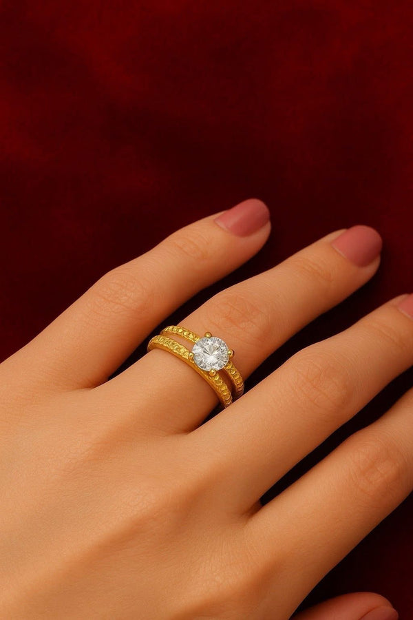 Gold Textured Band Solitaire Ring – Adjustable with Round Center Stone
