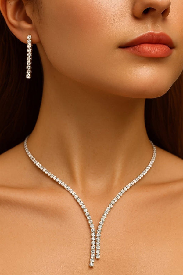 Elegant Crystal Drop Jewelry Set – V-Cut Necklace & Dangle Earrings