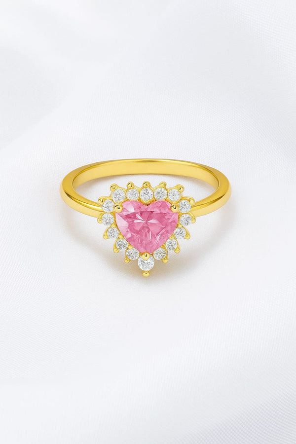 Gold Heart Halo Ring – Pink Stone Center with Sparkling CZ Accents